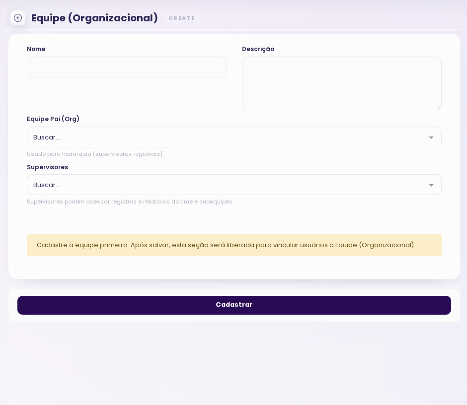 Formulário de equipe organizacional com equipe pai e supervisores