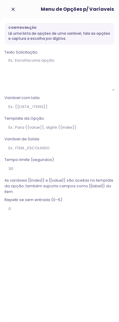 Configuração do node Menu de Opções por Variáveis no fluxo de voz
