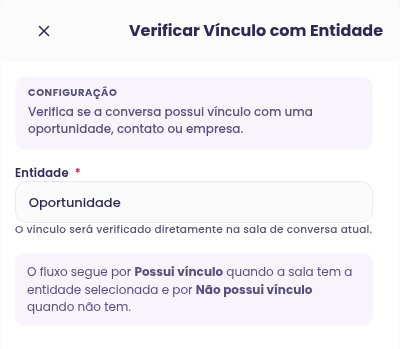 Configuração do node Verificar Vínculo com Entidade com Oportunidade selecionada