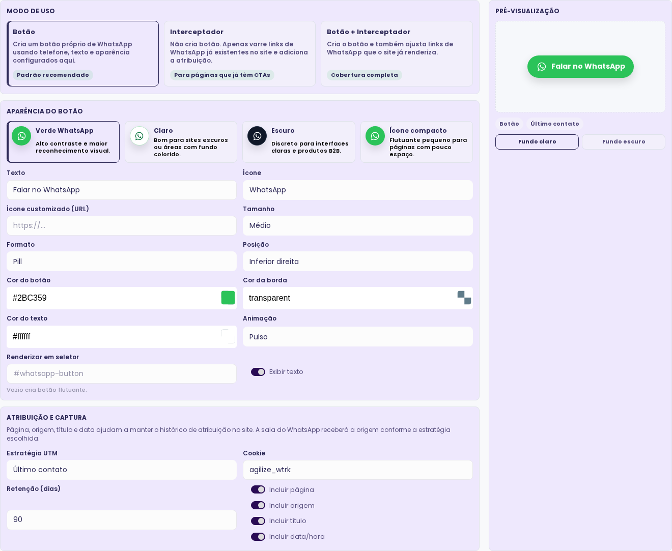 Tela de configuração do Whatsapp - Botão e Rastreador UTM com modo de uso, aparência do botão e pré-visualização
